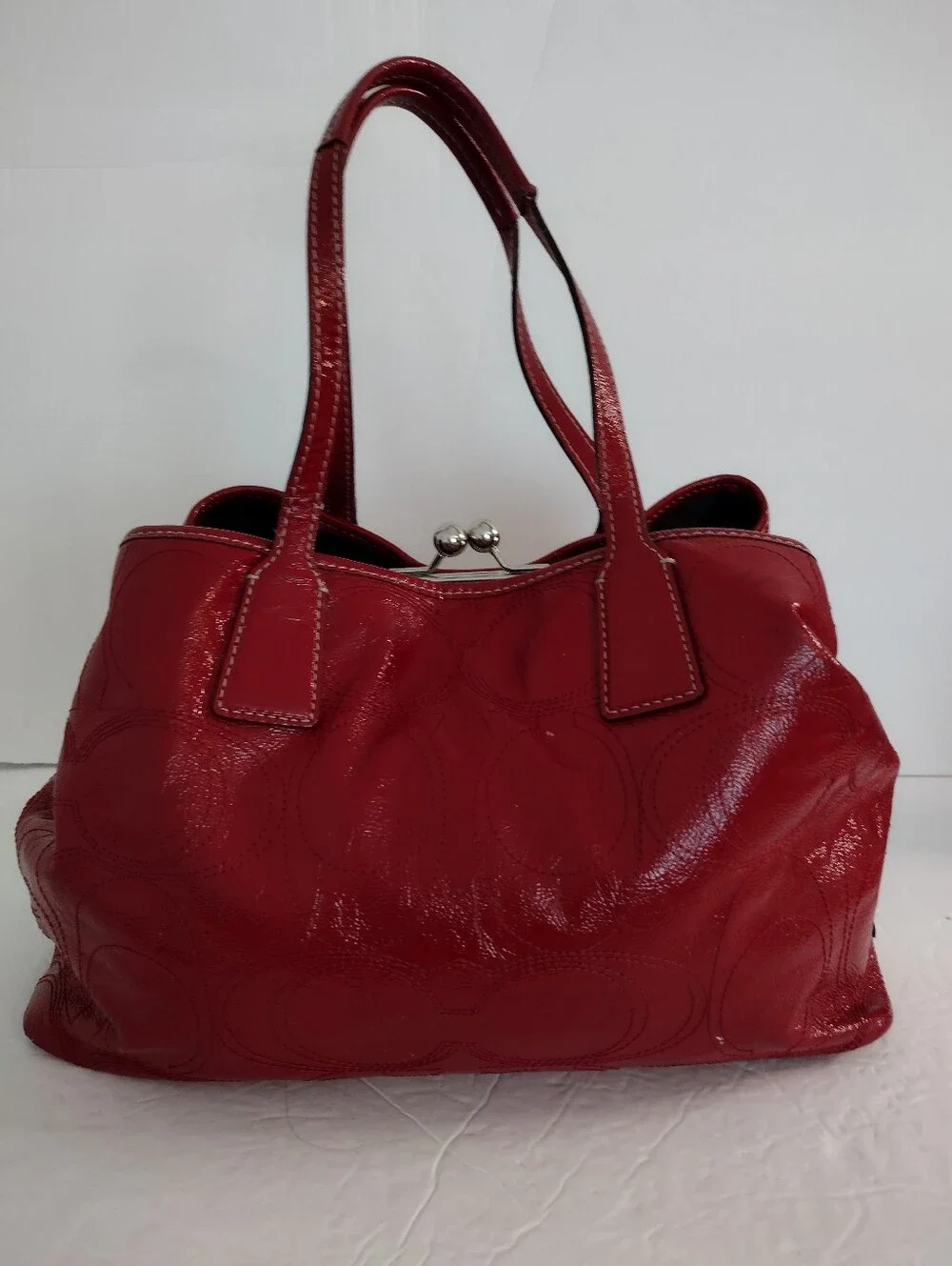 Vintage Y2K Coach Red Patent Leather Kiss Lock Carryall Tote Shoulder Bag F15658 - Picture 6 of 15
